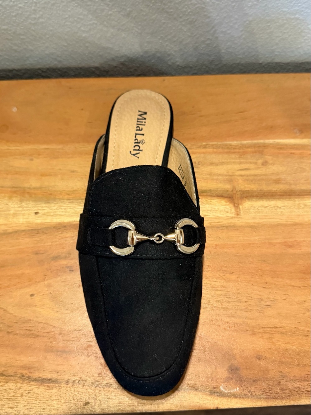 MilaLady Black Suede Slip-On Mule with Gold Bit Accent